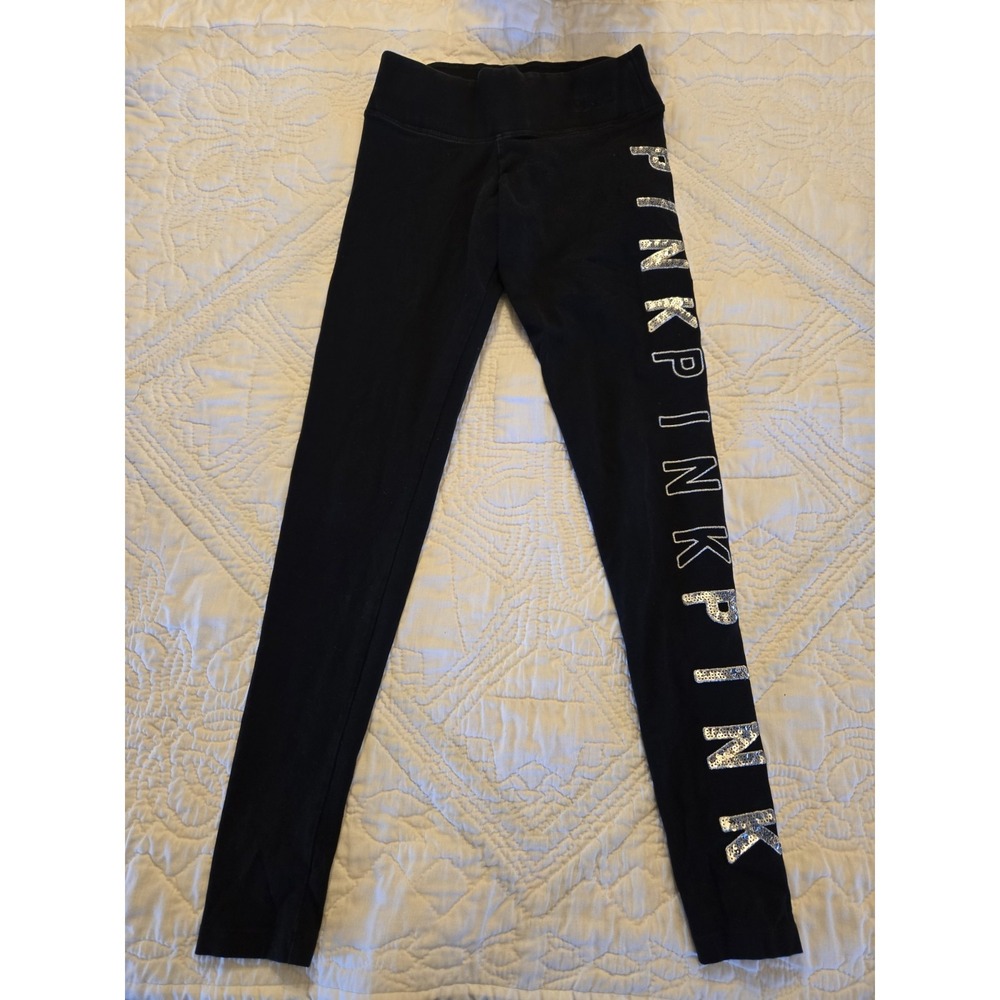 Victoria Secret Pink Yoga Full Leggings Sequin Side Stripe Logo Black/White XS